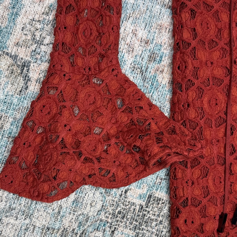 Free People Terracotta Lace Crotched Mini Dress Bell Sleeves Slim Fit -2 - Picture 5 of 14